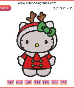 Hello Kitty Reindeer Christmas Embroidery Design featuring festive Kitty with antlers, red bow, and holiday colors. Perfect stitch pattern.
