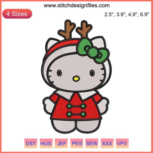 Hello Kitty Reindeer Christmas Embroidery Design featuring festive Kitty with antlers, red bow, and holiday colors. Perfect stitch pattern.