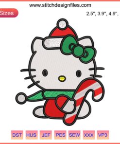 Hello Kitty Christmas Embroidery Design: Hello Kitty holding candy cane, festive digital stitching, cute holiday decor pattern