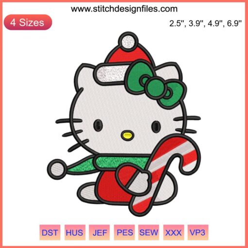 Hello Kitty Christmas Embroidery Design: Hello Kitty holding candy cane, festive digital stitching, cute holiday decor pattern