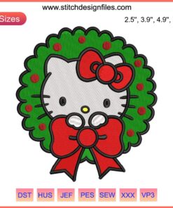 Hello Kitty Christmas Wreath Embroidery Design with Festive Flowers, Digital Stitching, Perfect for Holiday Crafts.