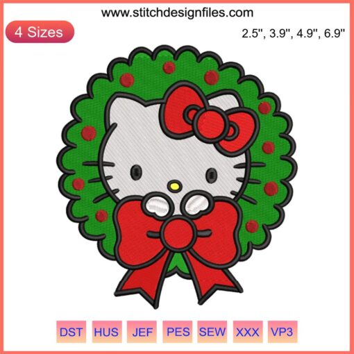 Hello Kitty Christmas Wreath Embroidery Design with Festive Flowers, Digital Stitching, Perfect for Holiday Crafts.
