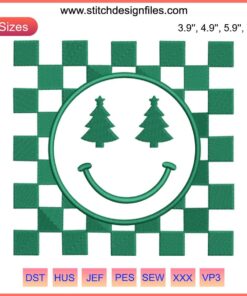 Checkered Smiley Face Christmas Tree Embroidery Design | Festive Happy Face Stitching for Holiday Crafts, Digital Download