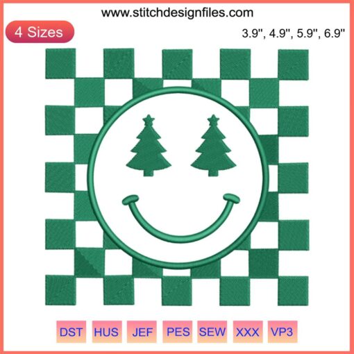 Checkered Smiley Face Christmas Tree Embroidery Design | Festive Happy Face Stitching for Holiday Crafts, Digital Download