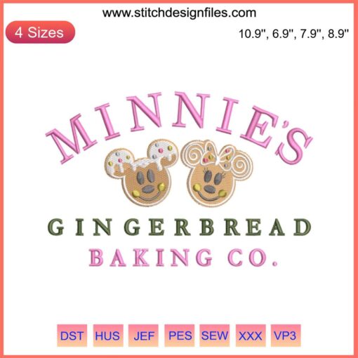 Disney Minnie's Gingerbread Baking Co Embroidery Design, Christmas Gingerbread Digital Stitching, Festive Holiday Craft Pattern.