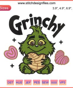 Grinchy Pan Dulce Concha Embroidery Design - Festive Baby Grinch Christmas Stitching Pattern, Digital Art for Christmas Crafting