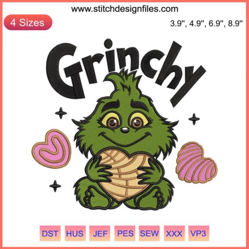Grinchy Pan Dulce Concha Embroidery Design - Festive Baby Grinch Christmas Stitching Pattern, Digital Art for Christmas Crafting