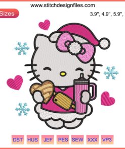 Cute Hello Kitty holiday embroidery with floral concha pattern, perfect for Christmas stitching.