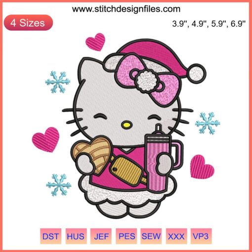 Cute Hello Kitty holiday embroidery with floral concha pattern, perfect for Christmas stitching.