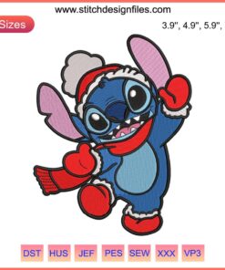 Santa Stitch Embroidery Design featuring Disney's Stitch in Santa hat, perfect for festive Christmas stitching projects.