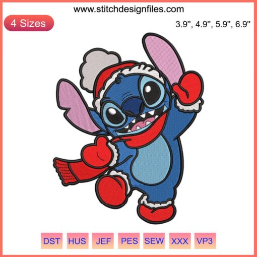 Santa Stitch Embroidery Design featuring Disney's Stitch in Santa hat, perfect for festive Christmas stitching projects.