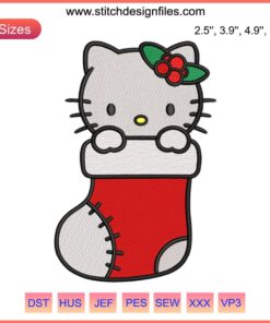 Hello Kitty Stocking Christmas Embroidery Design, 2023 Cute Digital Stitching: Festive Hello Kitty in Santa Hat with Snowflakes.