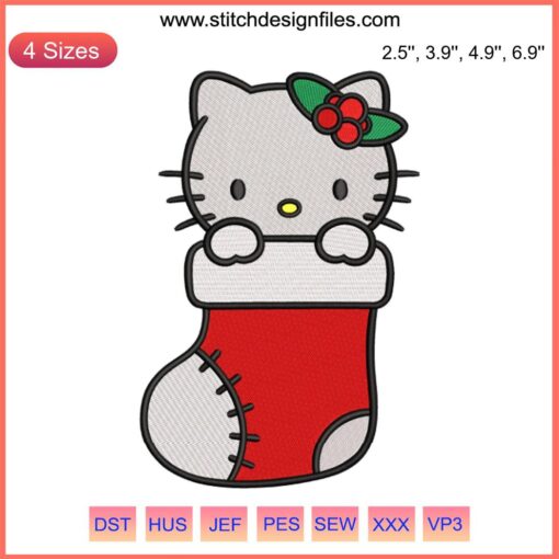 Hello Kitty Stocking Christmas Embroidery Design, 2023 Cute Digital Stitching: Festive Hello Kitty in Santa Hat with Snowflakes.