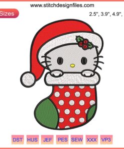 Hello Kitty Christmas Stocking Embroidery Design: Cute festive Hello Kitty pattern, perfect for digital stitching projects.
