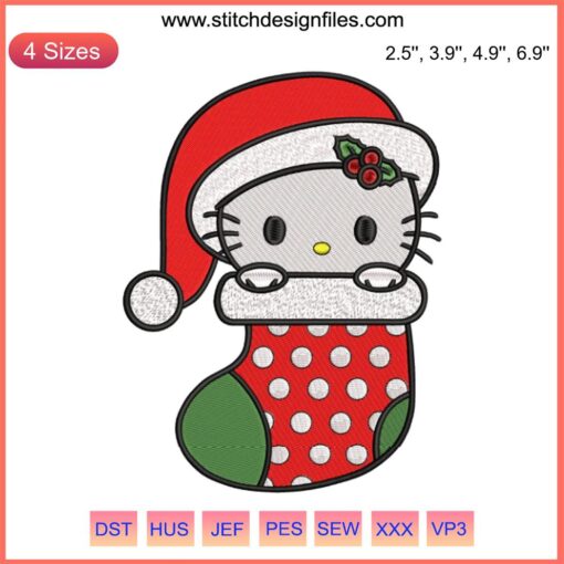 Hello Kitty Christmas Stocking Embroidery Design: Cute festive Hello Kitty pattern, perfect for digital stitching projects.