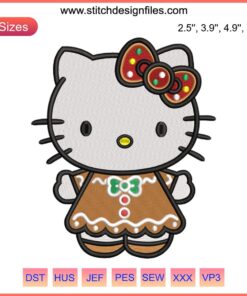 Hello Kitty gingerbread embroidery design, festive Christmas digital stitch, cute holiday gift, kawaii style.