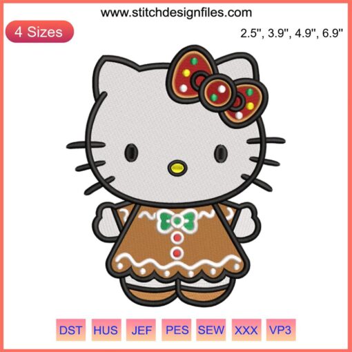 Hello Kitty gingerbread embroidery design, festive Christmas digital stitch, cute holiday gift, kawaii style.