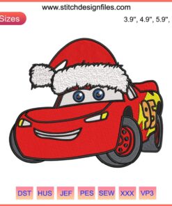 Lightning McQueen Christmas Embroidery Design | Disney Cars Holiday Stitch | Festive Red Car with Santa Hat