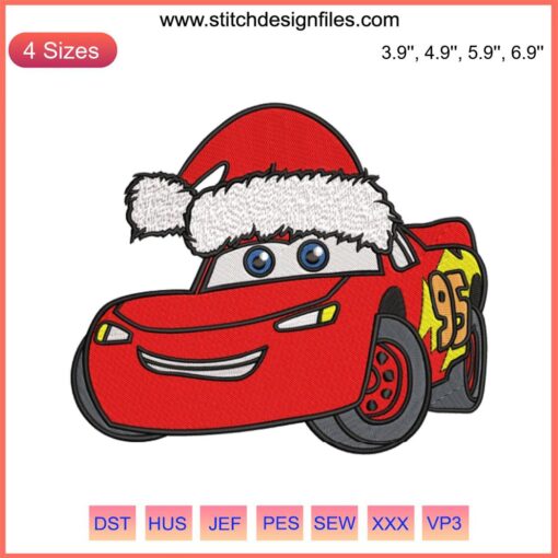 Lightning McQueen Christmas Embroidery Design | Disney Cars Holiday Stitch | Festive Red Car with Santa Hat