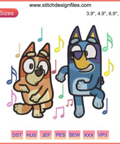 Bluey Bingo Embroidery Design: Dancing Bluey Cartoon in vibrant colors, perfect for digital stitching projects.