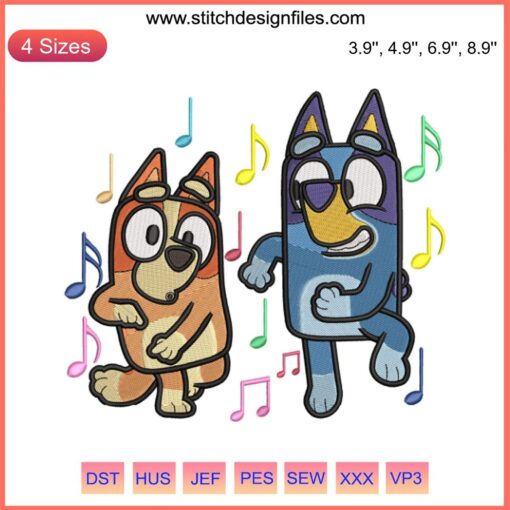 Bluey Bingo Embroidery Design: Dancing Bluey Cartoon in vibrant colors, perfect for digital stitching projects.