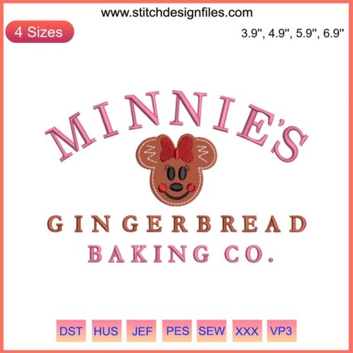 Minnie Mouse Gingerbread Embroidery Design, Merry Christmas party theme, digital stitching, festive holiday decor.