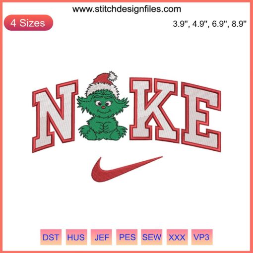 Baby Grinch Christmas x Nike Embroidery Design, cute digital stitching, perfect holiday gift, vibrant festive graphics