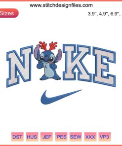 Stitch Reindeer x Nike Embroidery Design featuring Disney's Stitch in a Christmas reindeer outfit, perfect for festive digital stitching.
