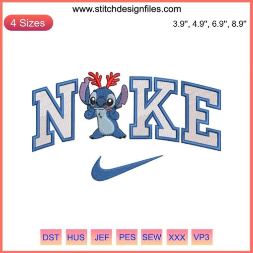 Stitch Reindeer x Nike Embroidery Design featuring Disney's Stitch in a Christmas reindeer outfit, perfect for festive digital stitching.