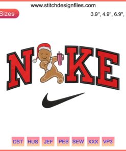 Gingerbread Nike logo embroidery design, festive Christmas stitching pattern, perfect for holiday party digital crafts.