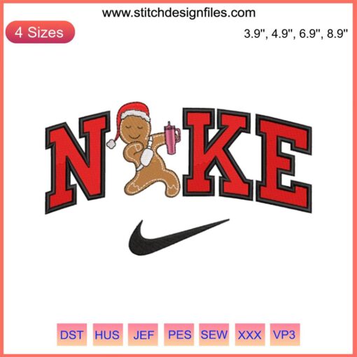 Gingerbread Nike logo embroidery design, festive Christmas stitching pattern, perfect for holiday party digital crafts.