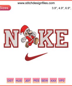 Mario in Santa hat running in Nike sneakers, festive embroidery design, Merry Christmas digital stitching pattern.
