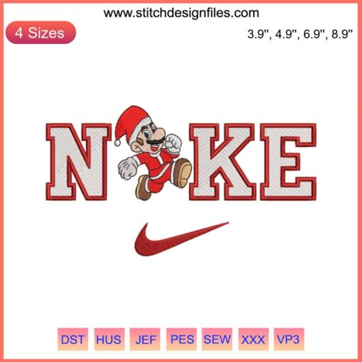 Mario in Santa hat running in Nike sneakers, festive embroidery design, Merry Christmas digital stitching pattern.