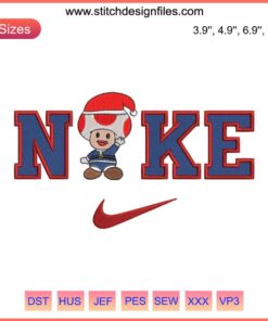Toad Super Mario x Nike Embroidery Design, Christmas theme, digital stitching, Hello Christmas, festive character art.