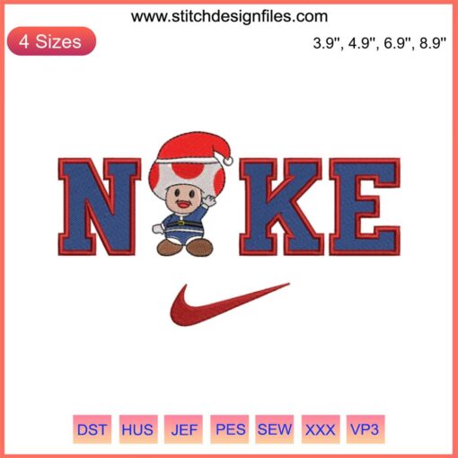 Toad Super Mario x Nike Embroidery Design, Christmas theme, digital stitching, Hello Christmas, festive character art.