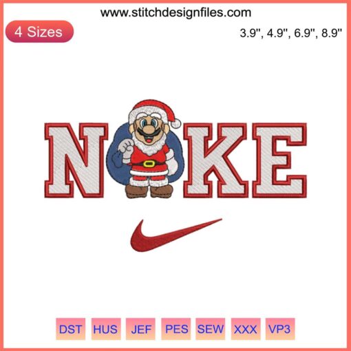 Super Mario Xmas Embroidery Design: Nike-themed, festive Mario Bros digital stitching pattern for holiday crafts.