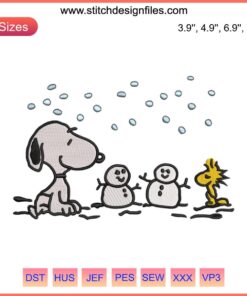Snoopy and Woodstock snowman embroidery design, festive Christmas cartoon stitch pattern digital download.