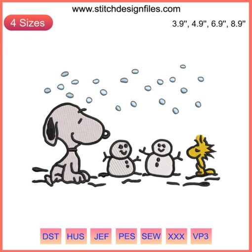 Snoopy and Woodstock snowman embroidery design, festive Christmas cartoon stitch pattern digital download.