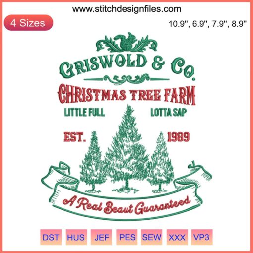 Griswold and Co Christmas Tree Farm Embroidery Design featuring festive trees, perfect for holiday stitching enthusiasts.