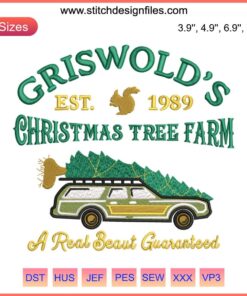 Griswold Christmas Tree Farm Embroidery Design featuring humorous festive stitching for holiday crafting. Digital pattern download.