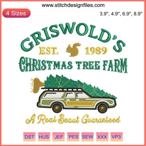 Griswold Christmas Tree Farm Embroidery Design featuring humorous festive stitching for holiday crafting. Digital pattern download.