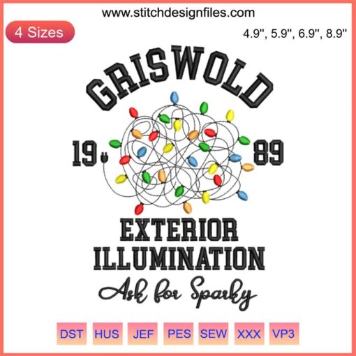 Griswold 1989 Exterior Illumination Embroidery Design, festive Christmas digital stitching, perfect holiday crafting gift.