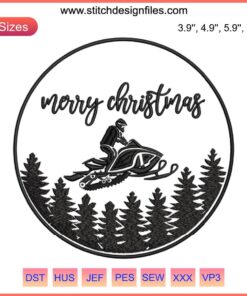 Snowmobile Embroidery Design: Festive Christmas theme, digital stitching pattern, snowmobile rider, holiday crafting.