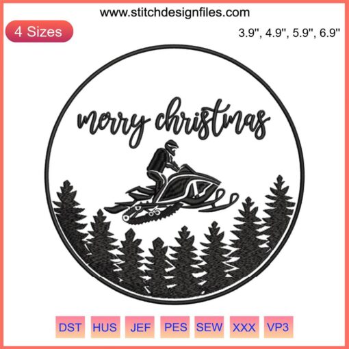 Snowmobile Embroidery Design: Festive Christmas theme, digital stitching pattern, snowmobile rider, holiday crafting.