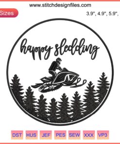 Snowmobile embroidery design, happy sledding theme, digital stitching, snow rider pattern, winter sport embroidery art.