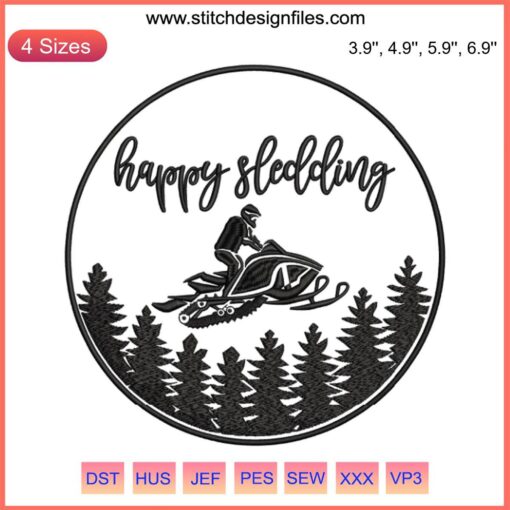 Snowmobile embroidery design, happy sledding theme, digital stitching, snow rider pattern, winter sport embroidery art.