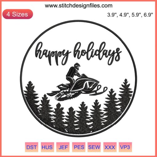 Snowmobile Embroidery Design: Snowmobile Rider with "Happy Holidays" Message, Perfect for Winter-themed Craft Projects.