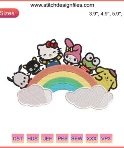 Rainbow Sanrio Friend Embroidery Design featuring Hello Kitty in a colorful, funny digital stitching pattern. Perfect for fans.