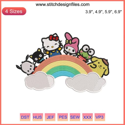 Rainbow Sanrio Friend Embroidery Design featuring Hello Kitty in a colorful, funny digital stitching pattern. Perfect for fans.
