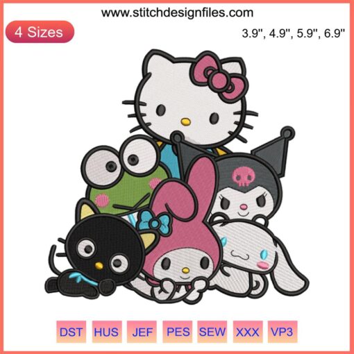 Hello Kitty and Friends Embroidery Design featuring Sanrio Characters in vibrant, detailed digital stitching. Perfect for DIY crafters.